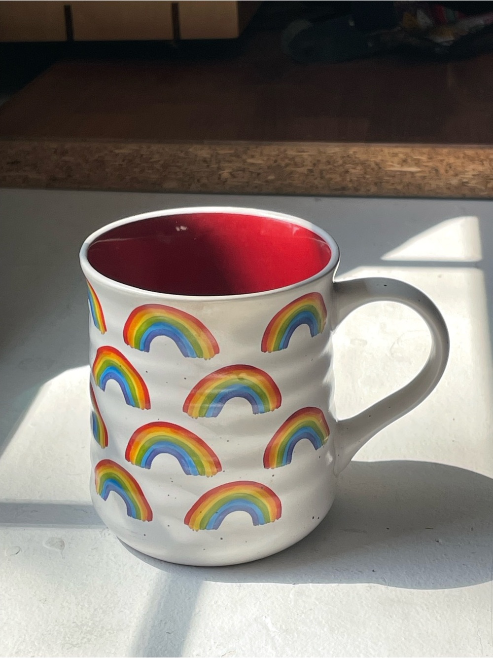 Rainbow Pattern Ceramic Mug with Red Interior